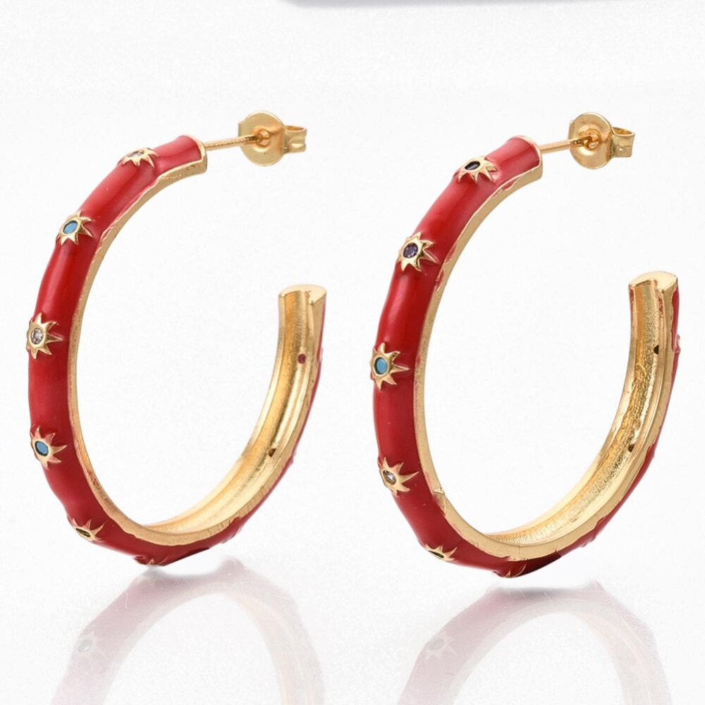 NWOT Red Enamel Stud Hoop Earrings With Cz Sun Pattern Large Striking